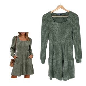 SAMPEEL Square Neck Long Sleeve Dress Casual Babydoll Sweater Dress Green Small